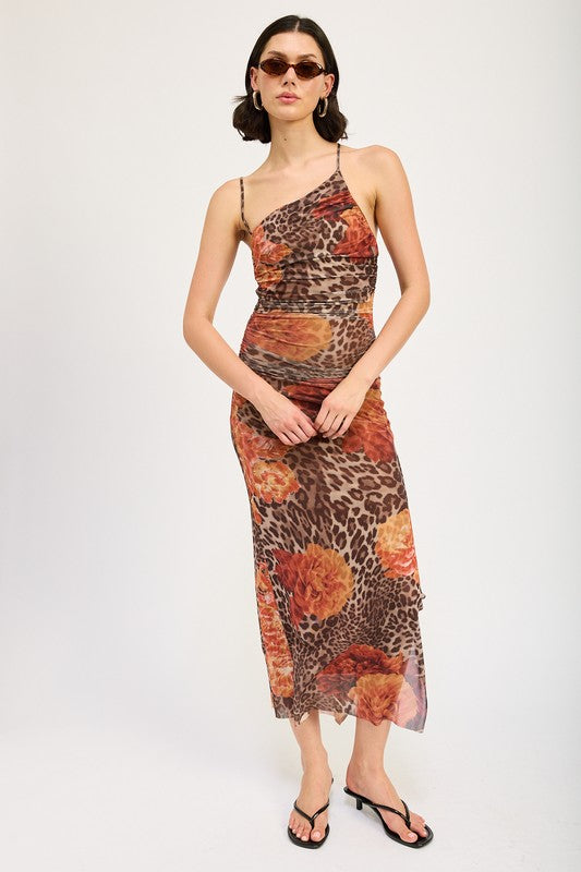 knee length dresses for ladies Cheetah And Rose Print Mesh One Shoulder Maxi Dress – Essential Style  Boutique