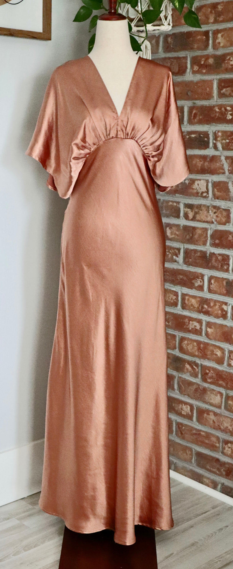 sand satin dress S Size Beige Sand Silk Satin Dress V Neckline Flutter Sleeves (Ready to Ship)