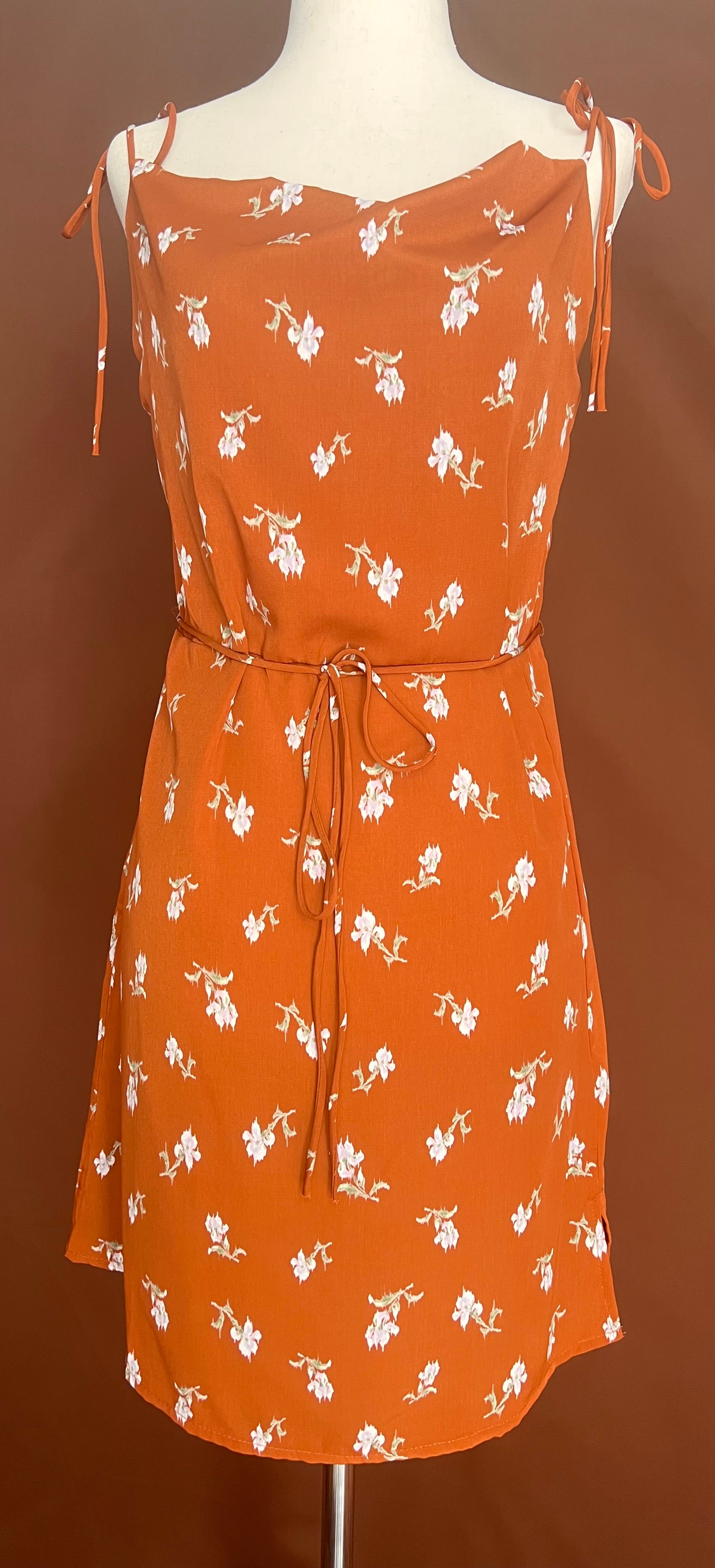 Rust Floral Cowl Neck Mini Dress – Essential Style Boutique