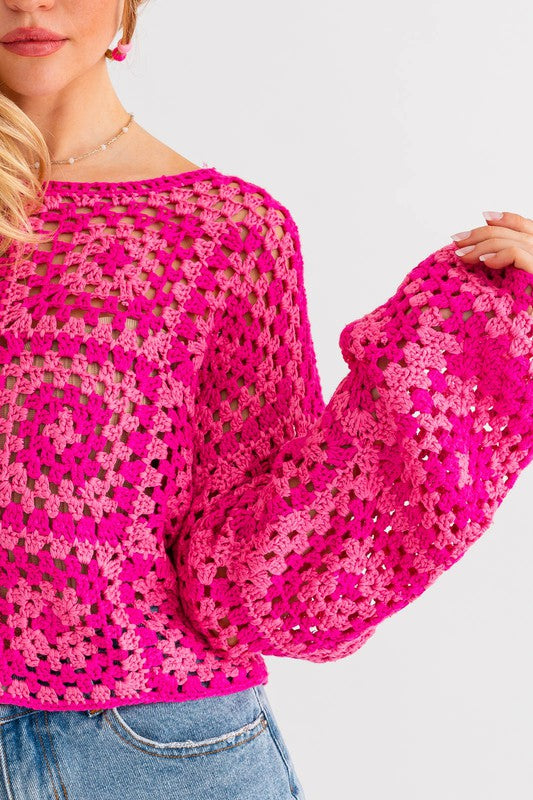 Pink Fuchsia Long Sleeve Crochet Top
