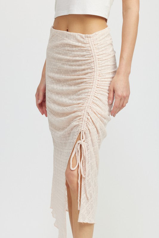 Ruched Lace Skirt With High Slit