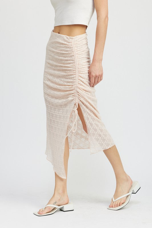Ruched Lace Skirt With High Slit