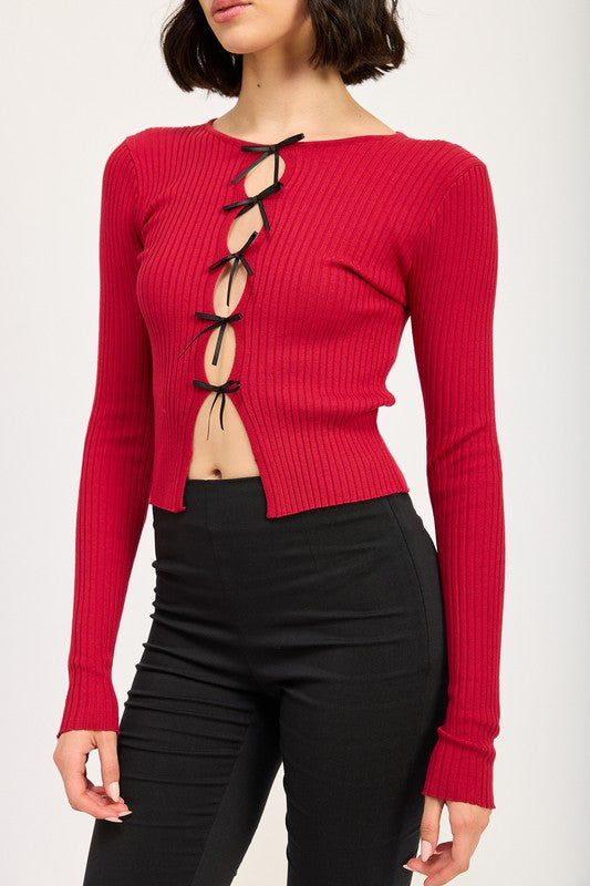 Long Sleeve Ribbed Bow Top