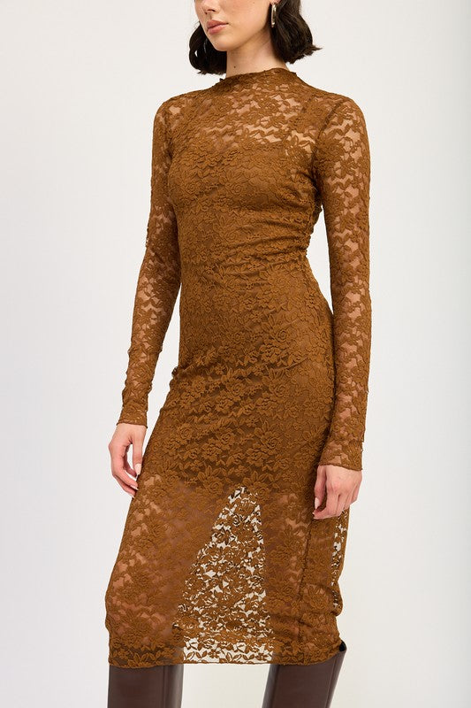 Mock Neck Midi Lace Dress