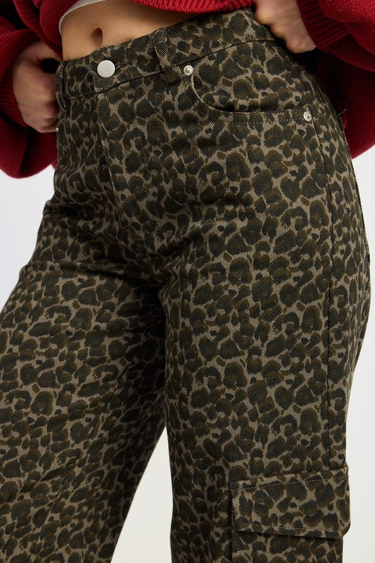 Leopard Mid Rise Wide Leg Cargo Pants