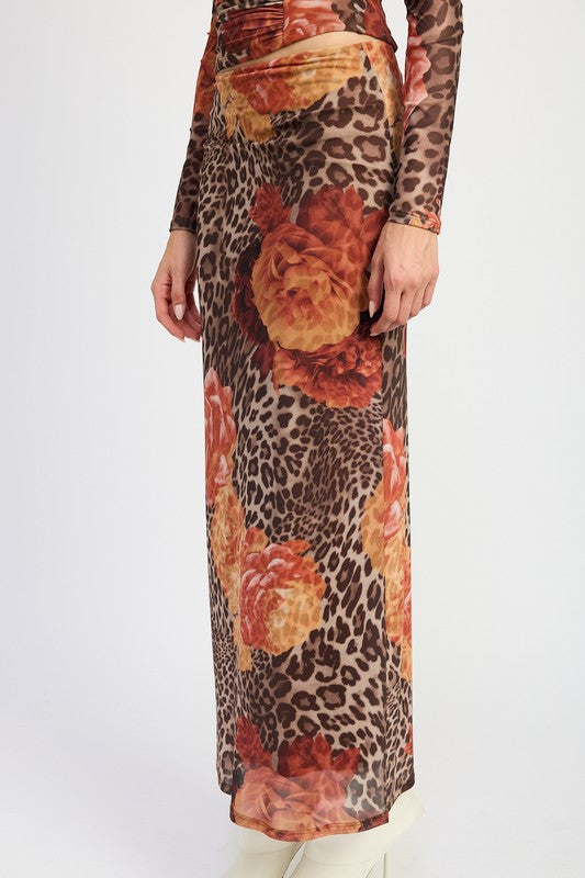 Cheetah And Rose Print Maxi Skirt