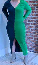 Green and Teal Rib Knit Color Block Sweater Dress