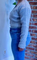 Silver Blue Boucle Crop Sweater Cardigan With Jewel Buttons