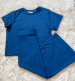 Blue Ribbed Solid Top & Midi Skirt Set