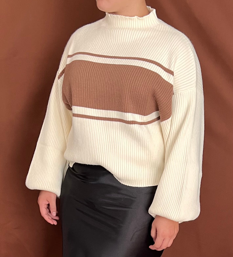 Ivory Contrast Stripe Mock Neck Sweater