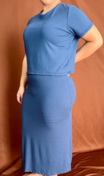 Blue Ribbed Solid Top & Midi Skirt Set