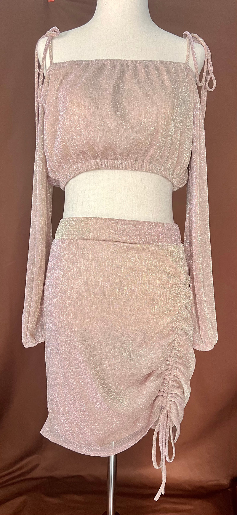 Pale Blush Metallic Pleated Off Shoulder Top